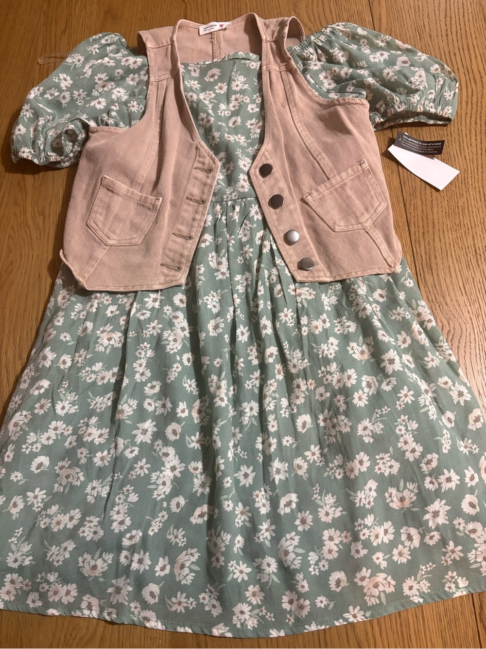 Beautees Sage Green Floral Dress with Blush Pink Vest